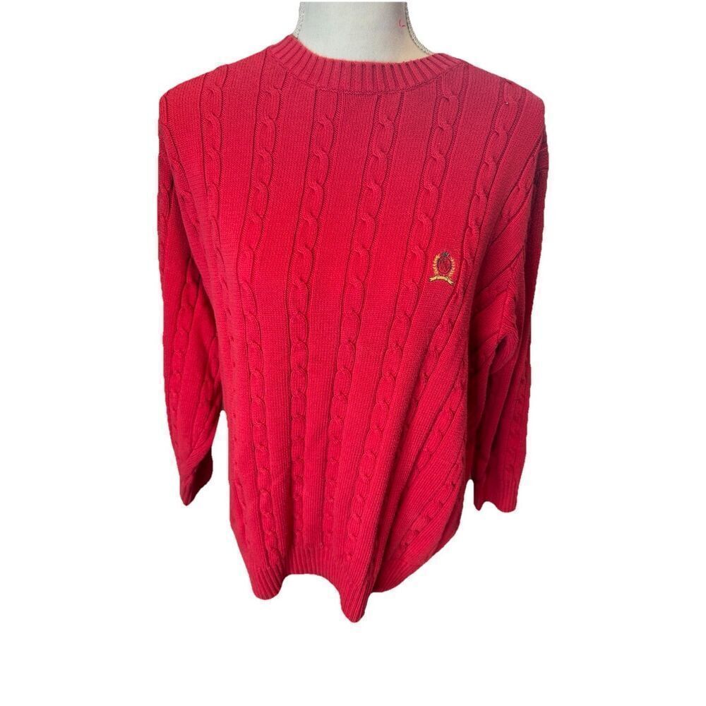 Vtg Tommy HilfigerβCable Knit Sweater Sz Large Menβs Red Crew Neck 90βs Y2K
